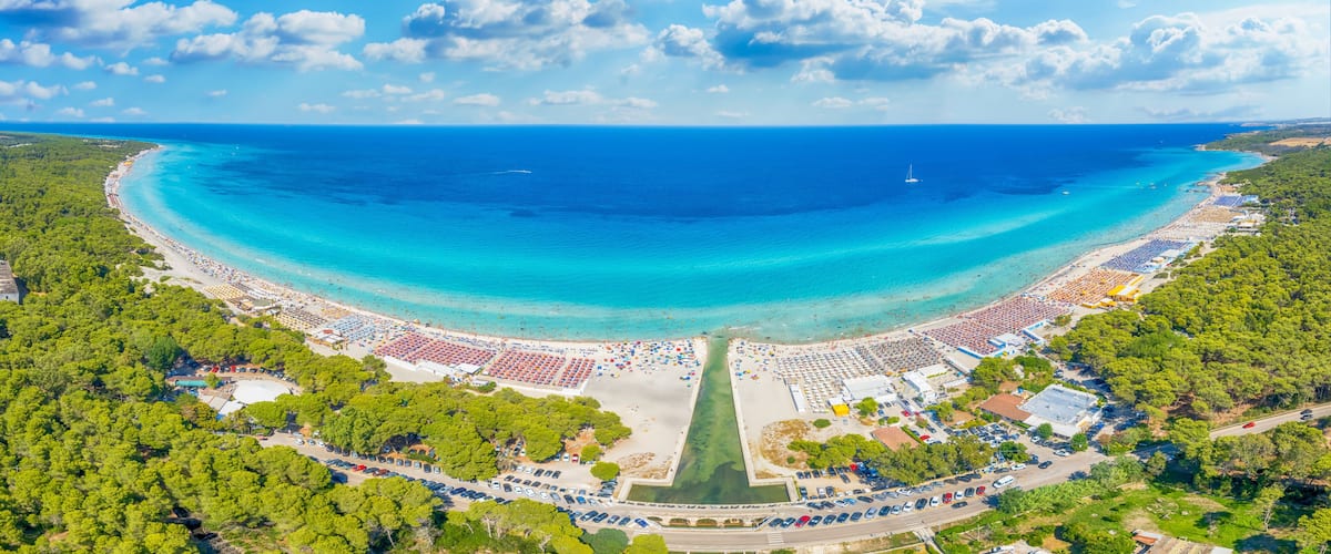 Aerial view with amazing turquoise water and sandy beaches of Apulia, Salento coast, Italy