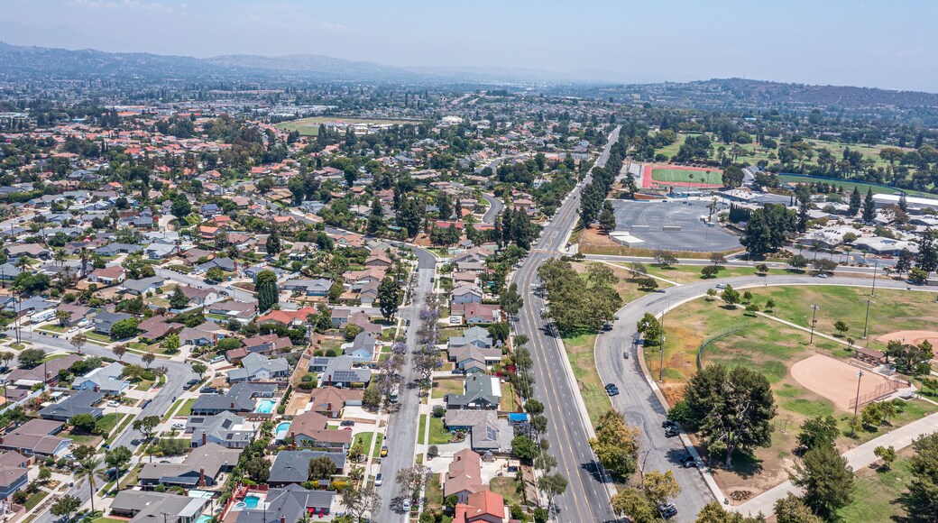 Aerial view of sports park in suburban California neighborhood.