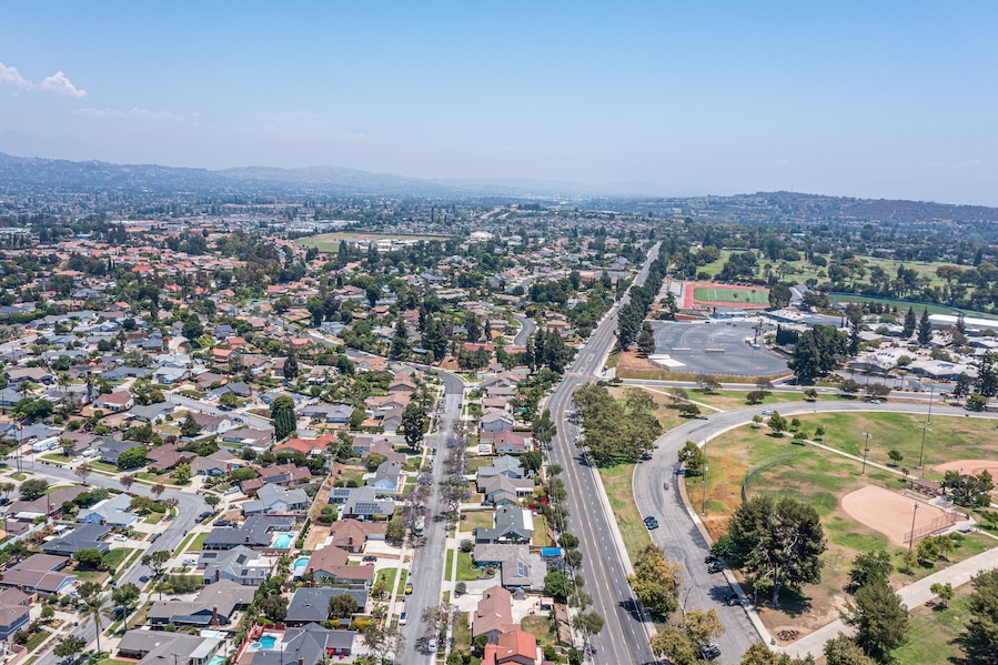 Aerial view of sports park in suburban California neighborhood.