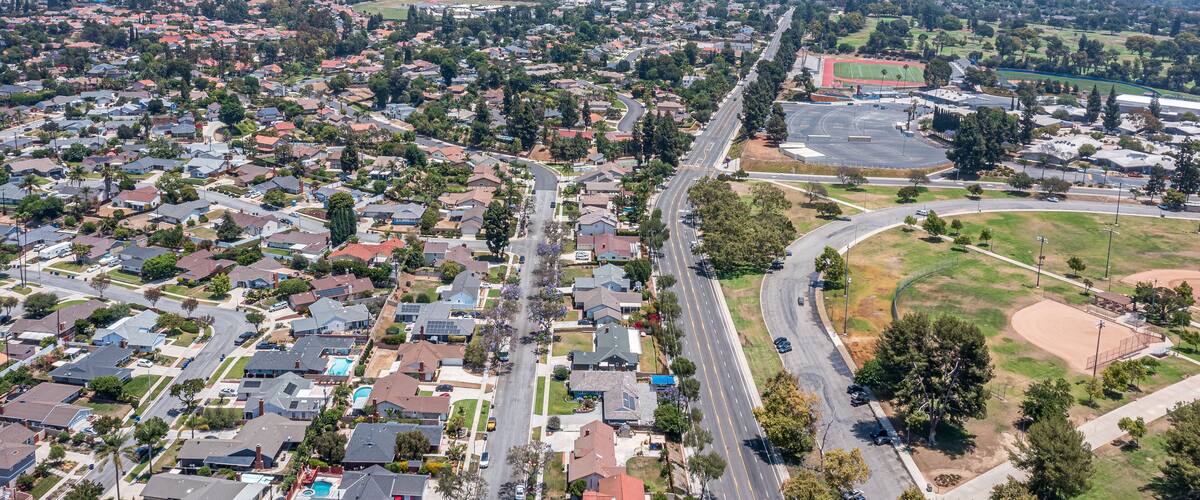 Aerial view of sports park in suburban California neighborhood.