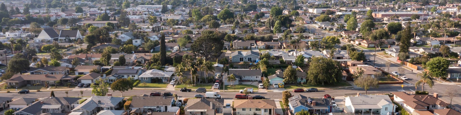 Sunset aerial view of a residential district in La Habra, California, USA.