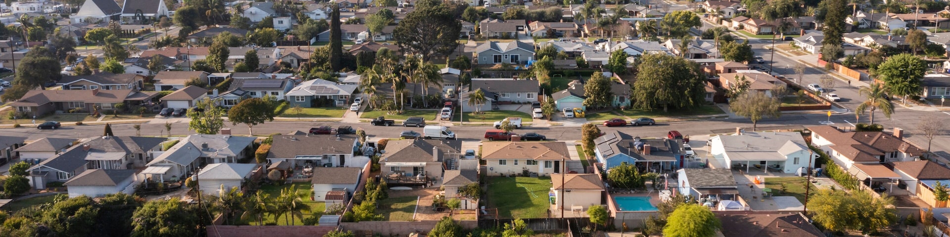 Sunset aerial view of a residential district in La Habra, California, USA.