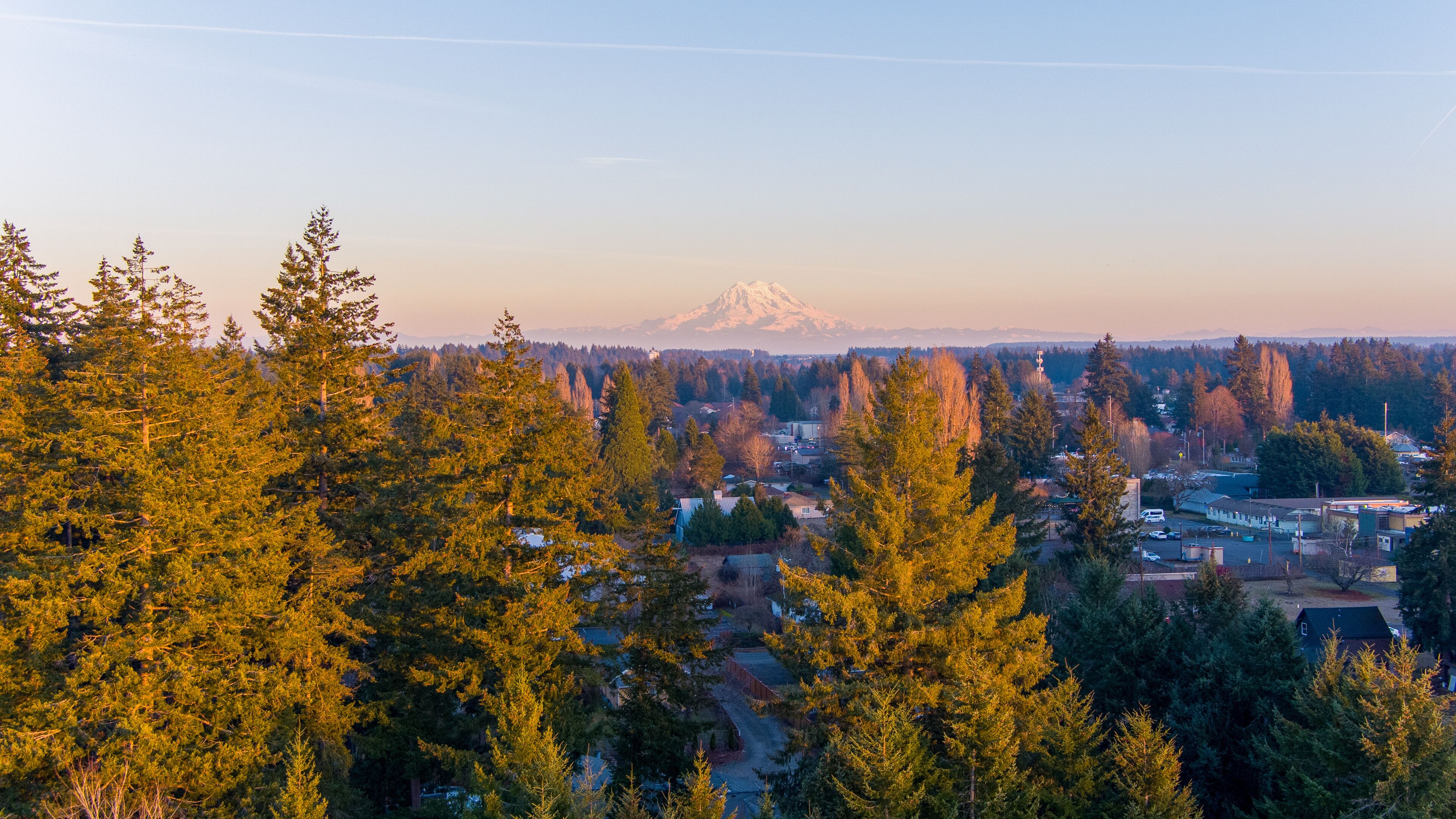 Mount Rainier and Lacey, Washington at sunset 