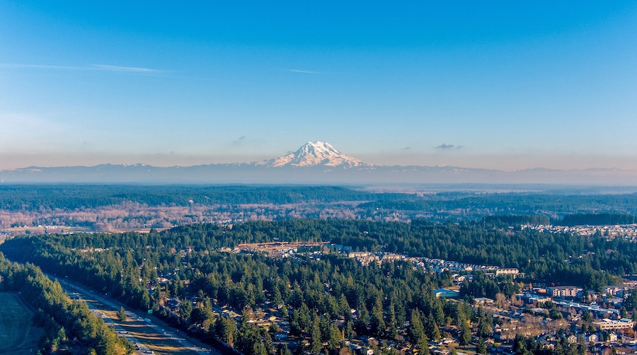 Mount Rainier from above Lacey, Washington in December