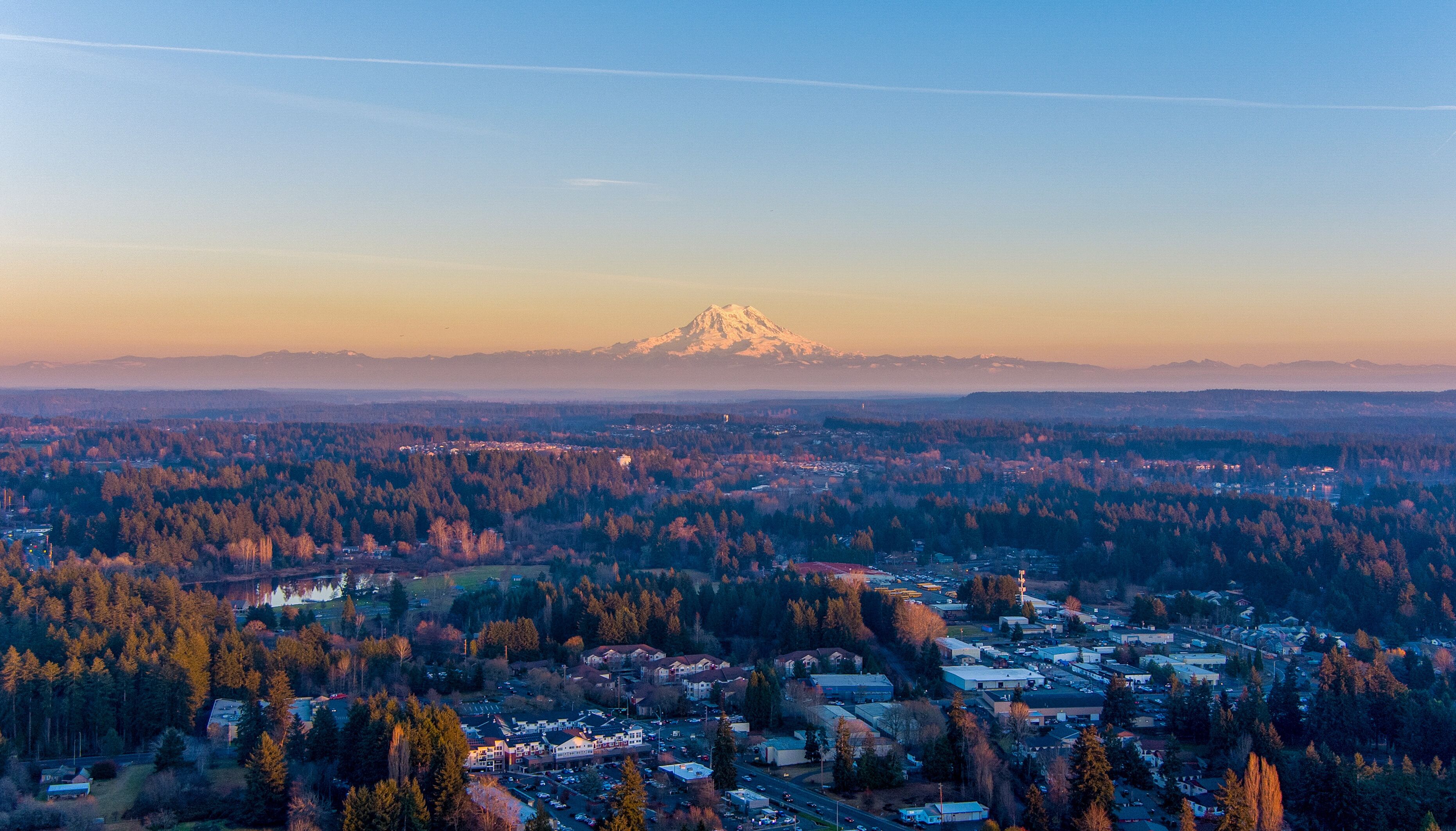 Mount Rainier at sunset from above Lacey, Washington in December 