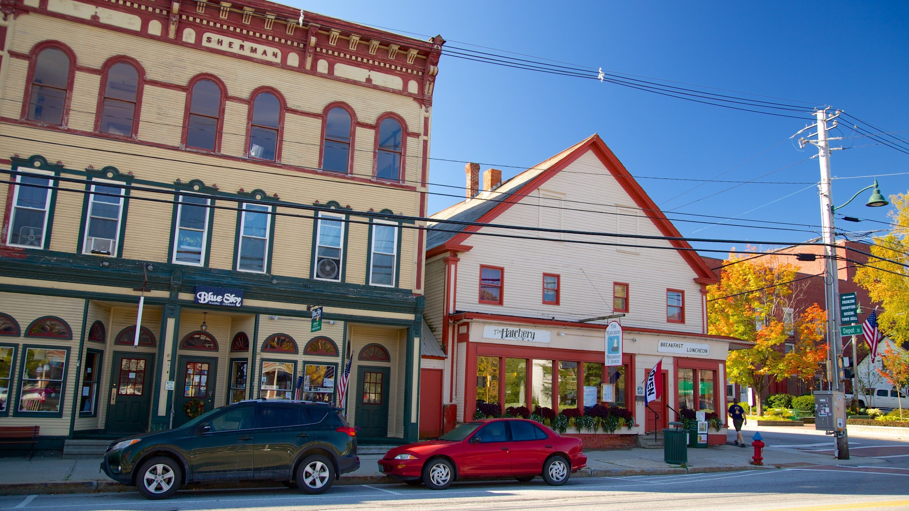 A street with historic buildings, including a diner and a Blue Star Trading Company.
