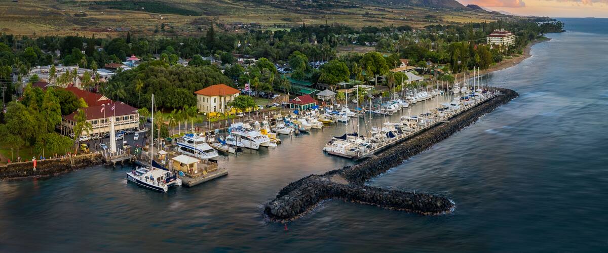 A coastal town with a marina, mountains in the background, and a clear sky.