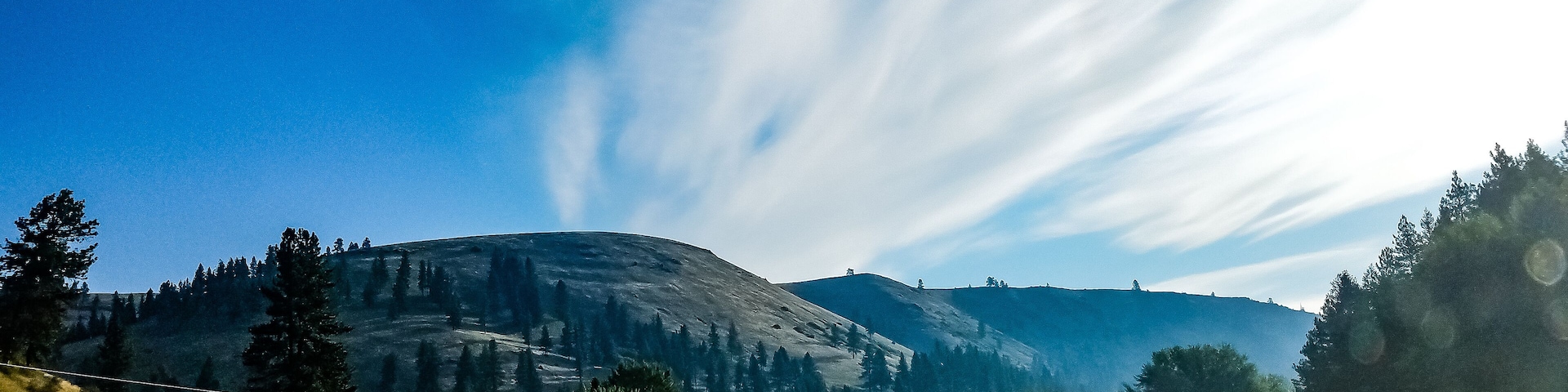 A winding highway with a guardrail, surrounded by mountains and trees under a clear blue sky.