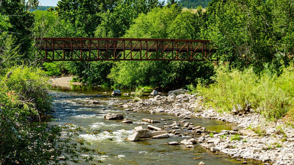 A river with a metal bridge, surrounded by dense green forest and hills in the background.