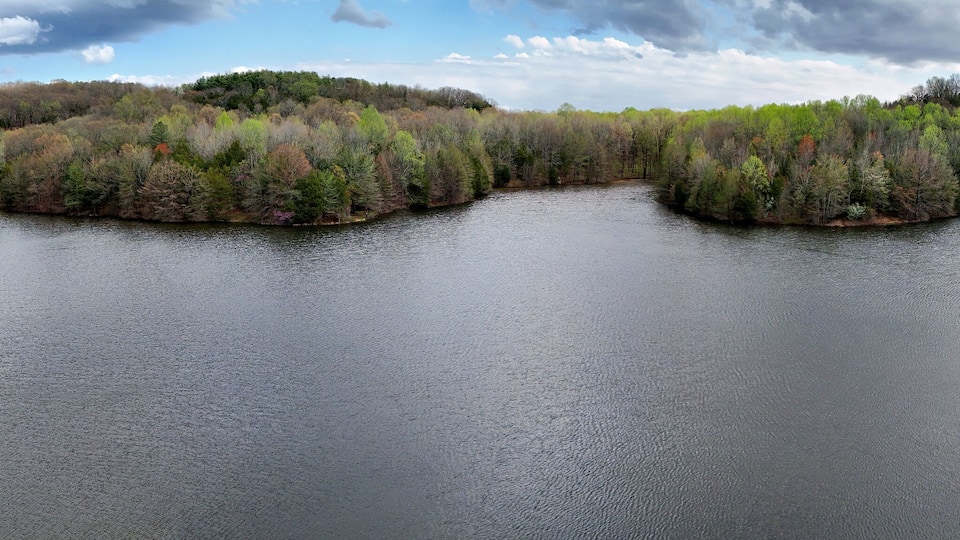 A calm lake surrounded by dense forests with a cloudy sky.