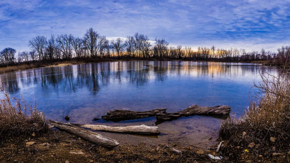 A calm lake with reflections of trees and a clear sky.