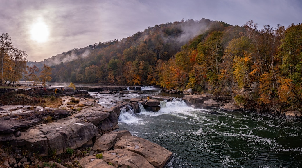 A river with a waterfall, surrounded by autumn-colored trees and a misty mountain in the background.