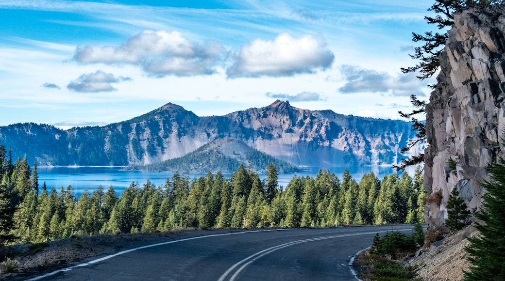 A winding road, dense coniferous forest, a mountain range, and a lake.