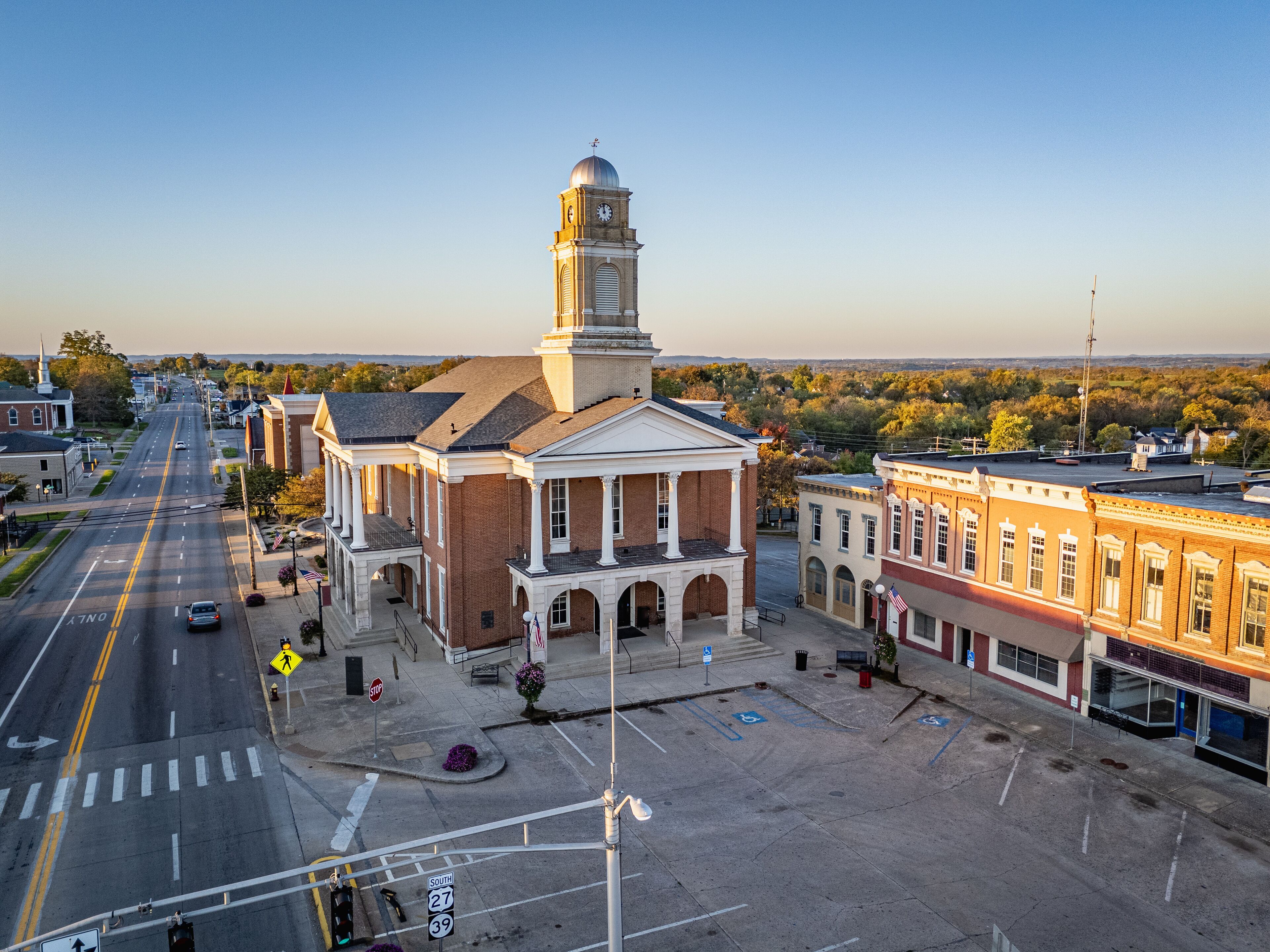Aerial view of the historic courthouse located in the downtown square of Lancaster, Kentucky.