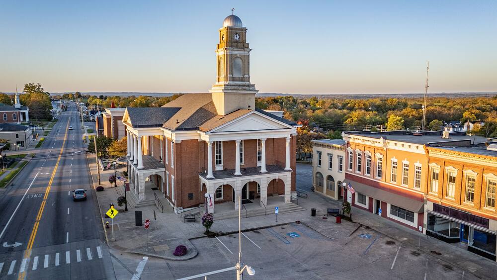 Aerial view of the historic courthouse located in the downtown square of Lancaster, Kentucky.