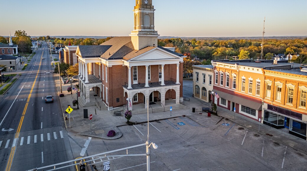 Aerial view of the historic courthouse located in the downtown square of Lancaster, Kentucky.