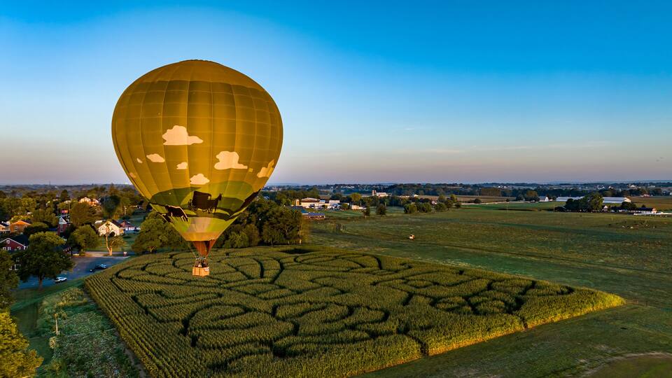 A hot air balloon over a field with a maze-like pattern.