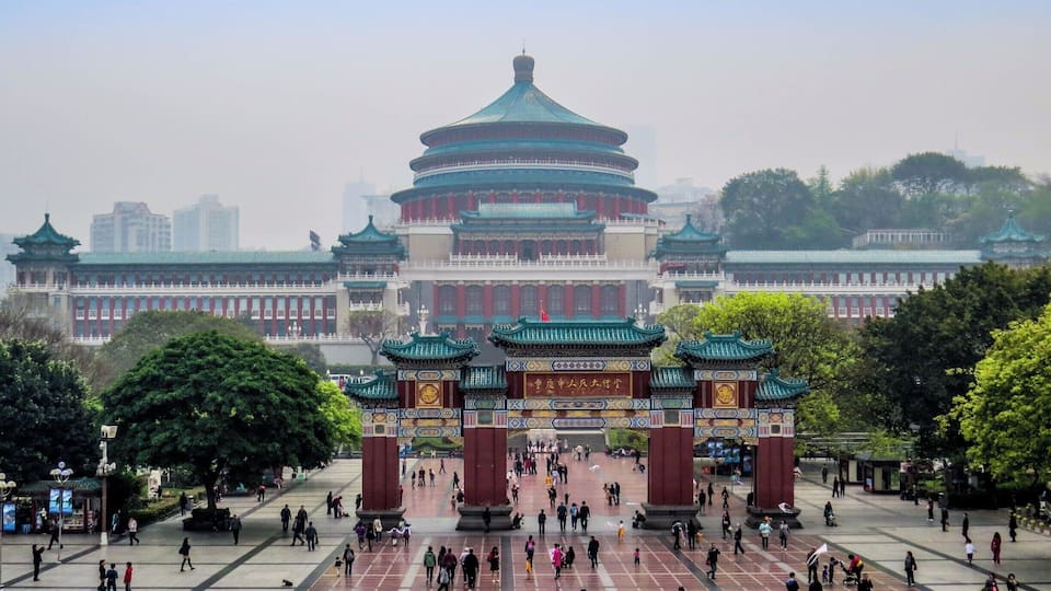 The Great Hall of the People viewed from the People's Square, Chongqing, China.