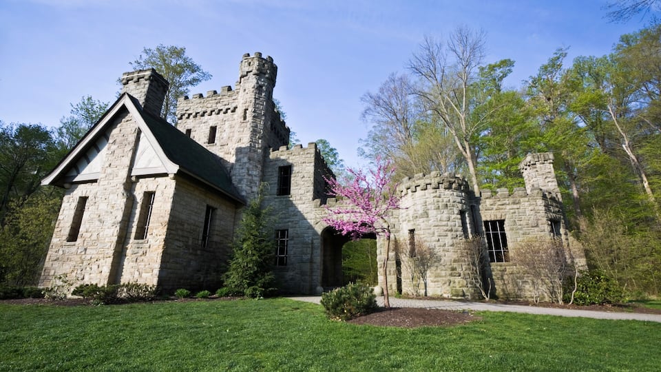A stone castle with a green lawn and flowering trees.