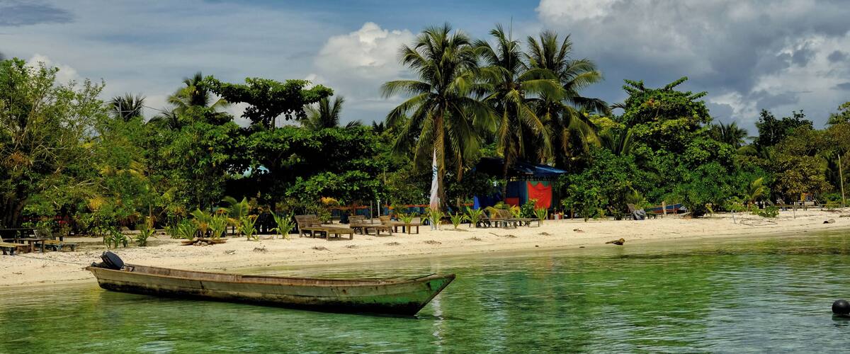 A boat on clear turquoise water, a sandy beach, palm trees, and a small structure with a red roof.