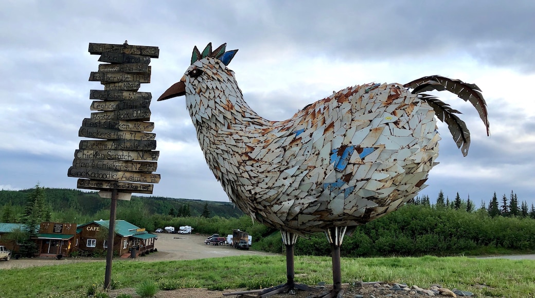 Only in Chicken, Alaska are you greeted with a giant chicken. Pretty cool gold camp.