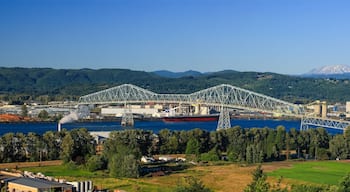 Uma grande ponte de aço que atravessa um rio, cercada por edifícios industriais e uma cadeia montanhosa arborizada.