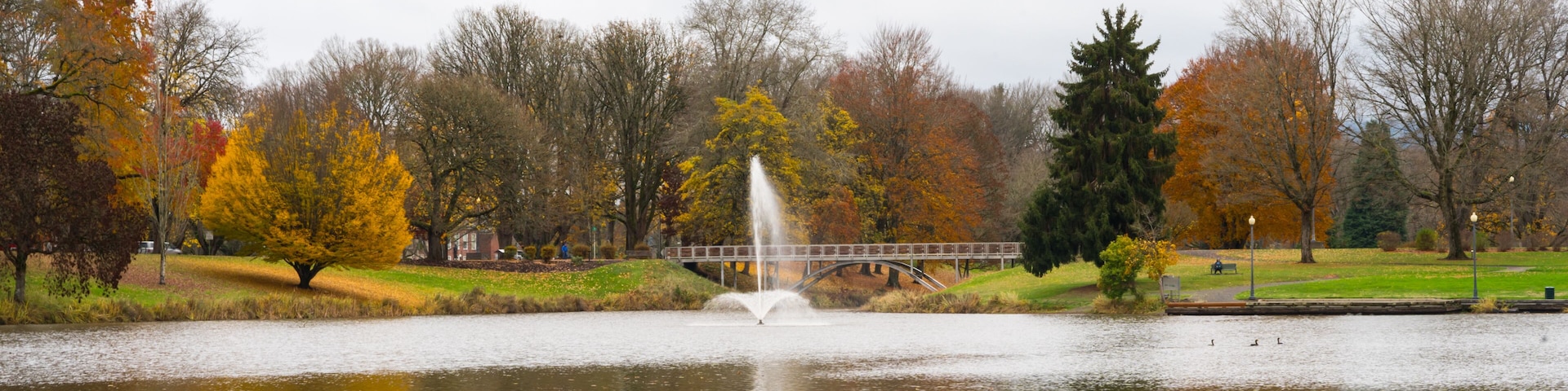A lake with a fountain, surrounded by autumn-colored trees and a bridge.