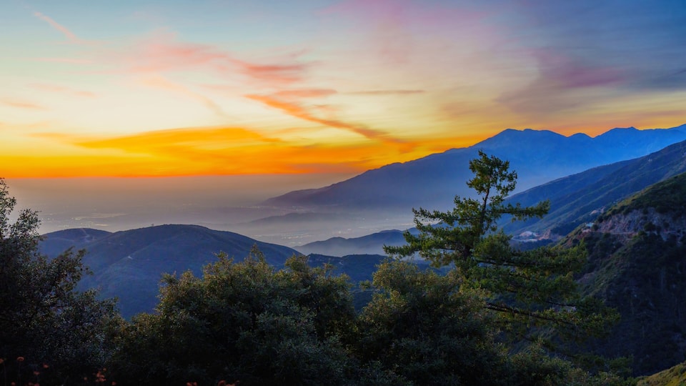 A mountainous landscape with a sunset sky, dense forest in the foreground, and distant mountains.