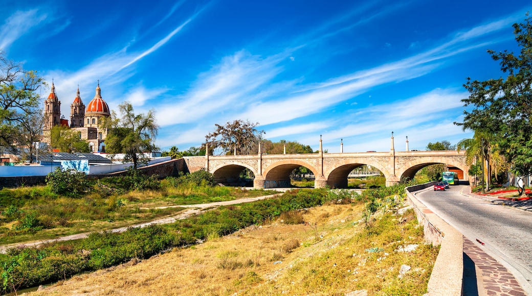 Old colonial bridge and Parish of the Light in Lagos de Moreno. UNESCO world heritage in Jalisco, Mexico