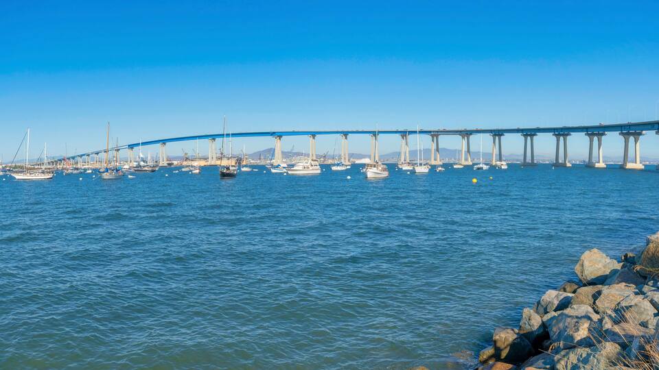 Coronado bridge over the sailing boats at San Diego, California