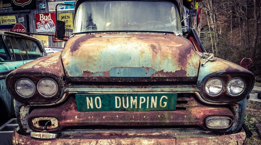 Another vintage vehicle, Chevrolet Apache conveniently decorated with a "NO DUMPING" sign.