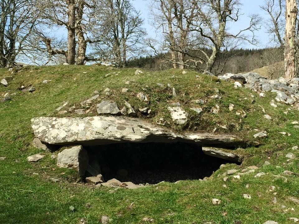 A cave entrance surrounded by grass and rocks.