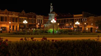 Une place de ville illuminée la nuit, avec une statue, des bâtiments éclairés et un panneau de signalisation.