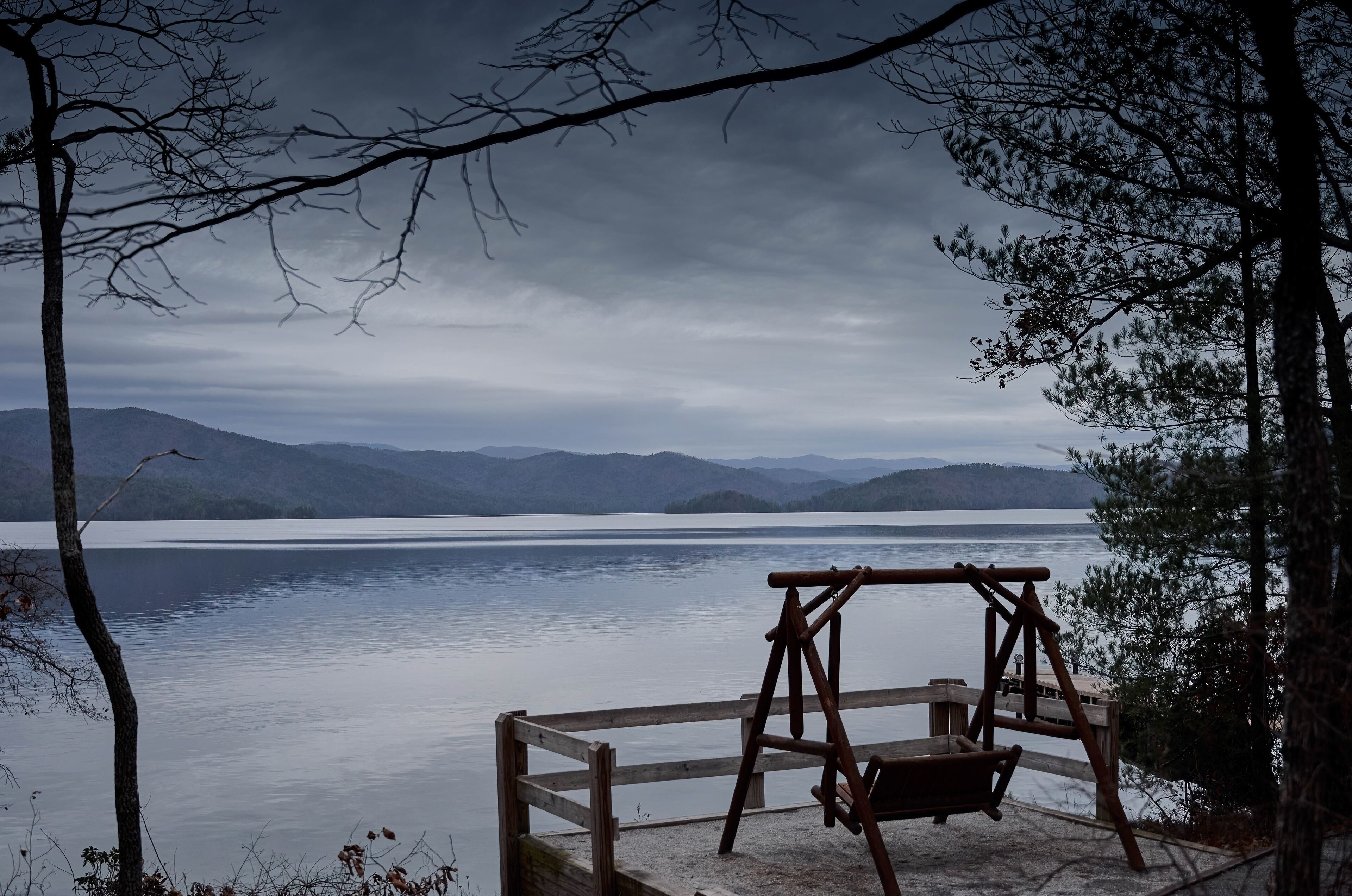 Scenic View of  a dock on a winters day at Lake Jocasse, in Oconee Pickens - South Carolina.