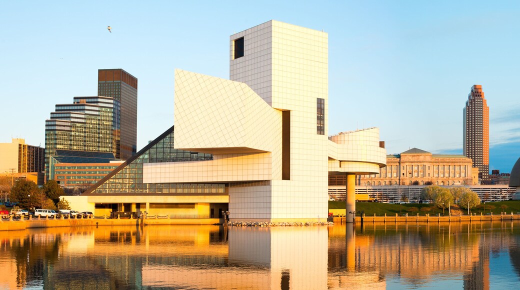 Skyline from the harbor at sunset, Cleveland, Ohio, USA