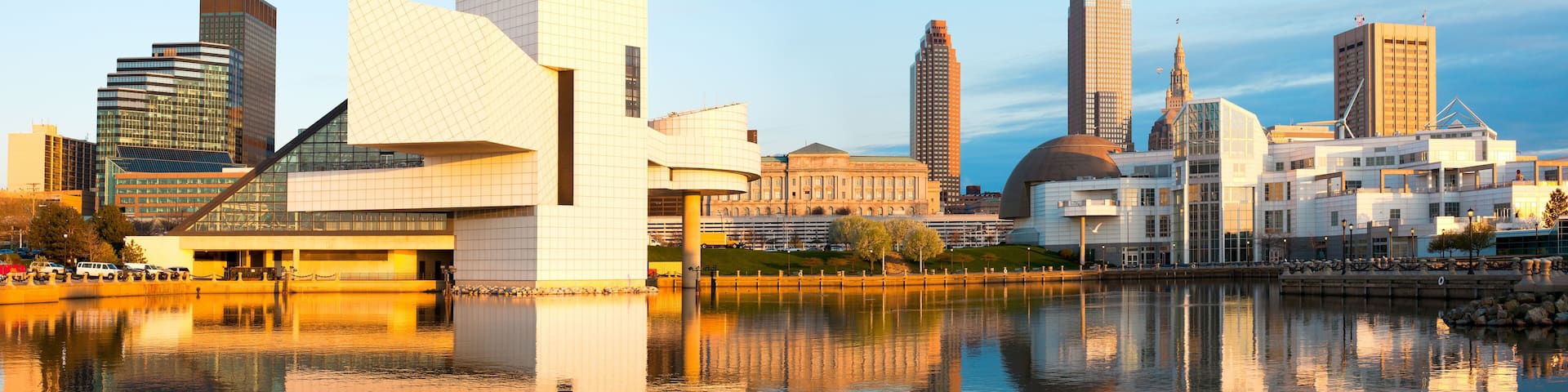 Skyline from the harbor at sunset, Cleveland, Ohio, USA