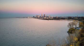 Cleveland ohio skyline from a drone showing edgewater park on the west side