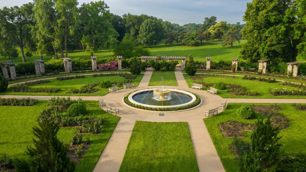 Fountain and rose garden in the Jacob L. Loose Park, Kansas City, Missouri, United States Of America.