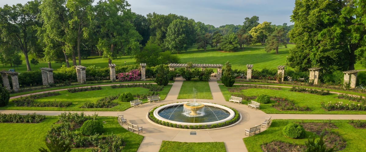 Fountain and rose garden in the Jacob L. Loose Park, Kansas City, Missouri, United States Of America.