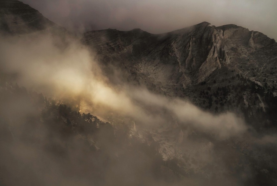 Magic of light in the mountain.This was amazing game of light and clouds on the road to Mitikas.