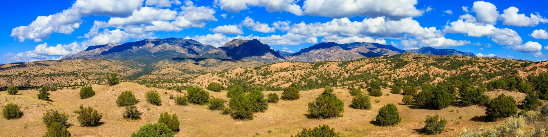 A mountainous landscape with scattered green trees and a clear blue sky.