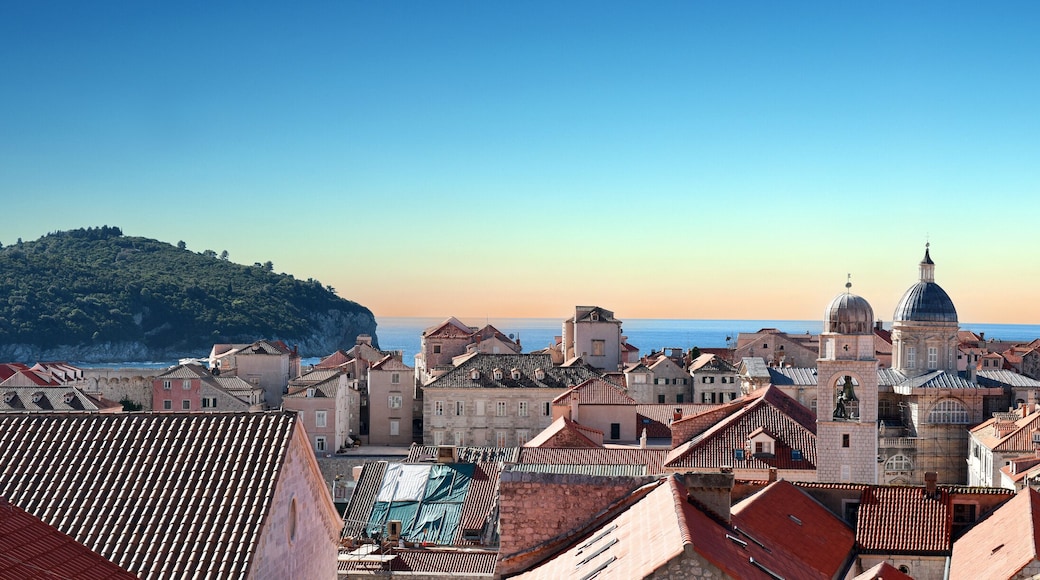 panoramic view to the city skyline of Dubrovnik's Old City while sunrise