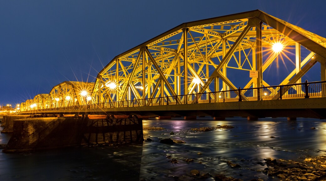 Lower Trenton Bridge at dawn. Lower Trenton Bridge also commonly called the Lower Free Bridge, Warren Street Bridge or Trenton Makes Bridge, spans Delaware River between Trenton NJ and Morrisville PA