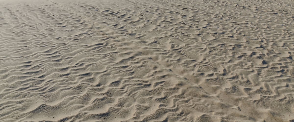 A vast desert landscape with undulating sand dunes under a clear sky.