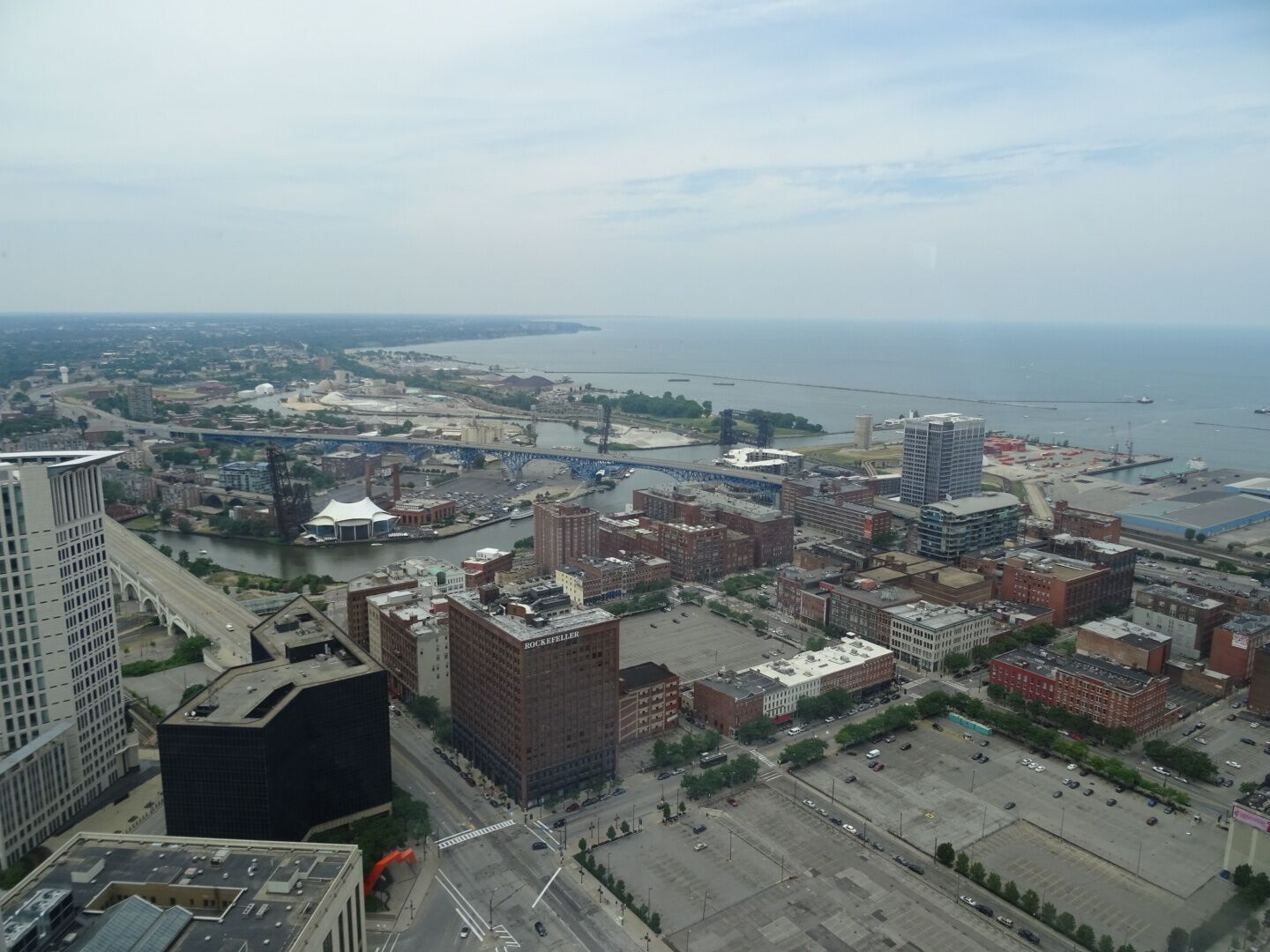 The view looking out over the flats and lake Erie from the observation floor of the terminal tower.