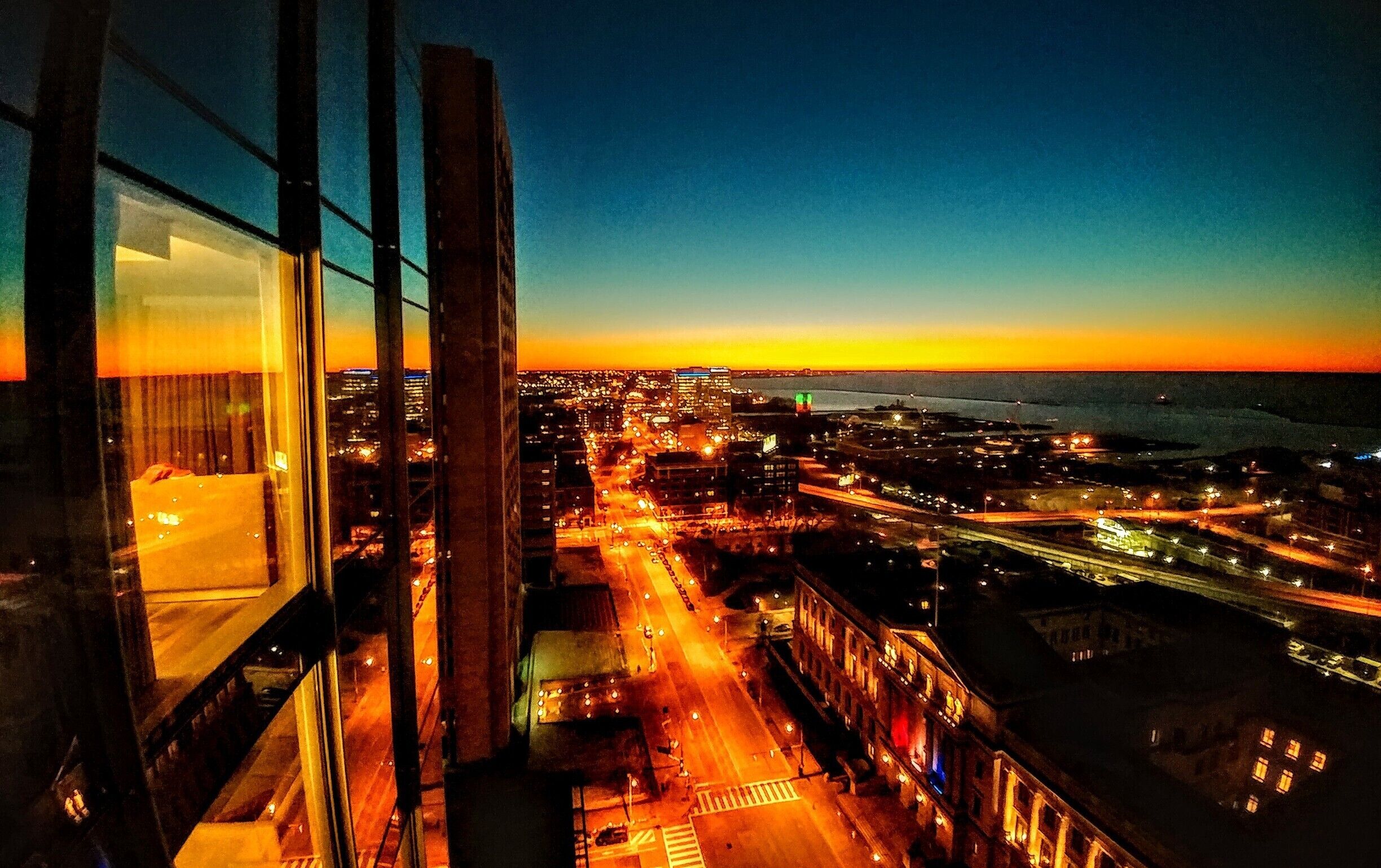 Sunset view of the city and Lake Erie from the 23rd floor of the Hilton in downtown Cleveland. 