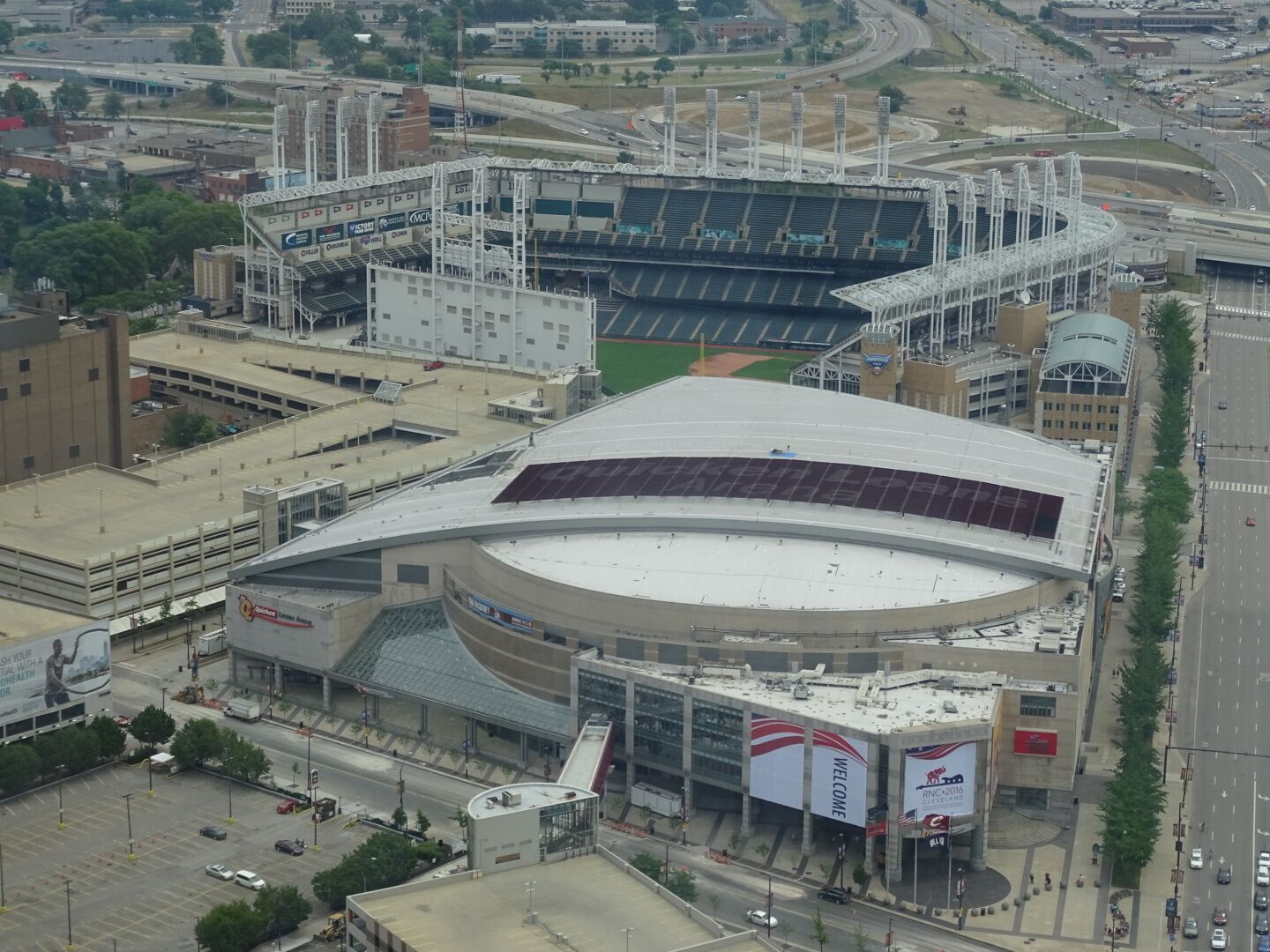 Jacobs Field and Gund Arena...err..I mean...Progressive Insurance Field and Quicken Loans Arena.
