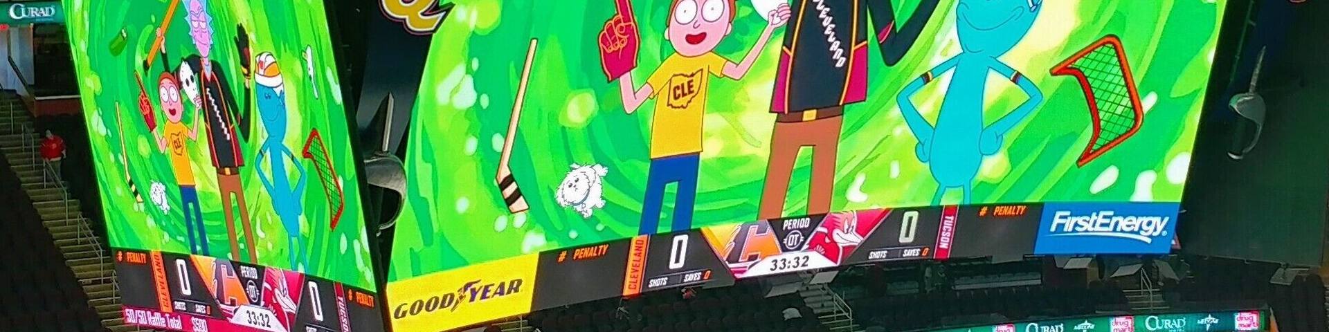 Having a little Rick and Morty fun on the jumbo-tron before the Cleveland Monsters hockey game at Quicken Loans Arena.