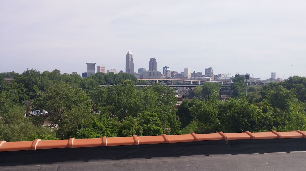 The view of downtown Cleveland from the roof of the Tremont Athletic Club in the former Fairmount Creamery Company building. Inner Bliss Yoga Studio offers rooftop yoga classes at this spot.