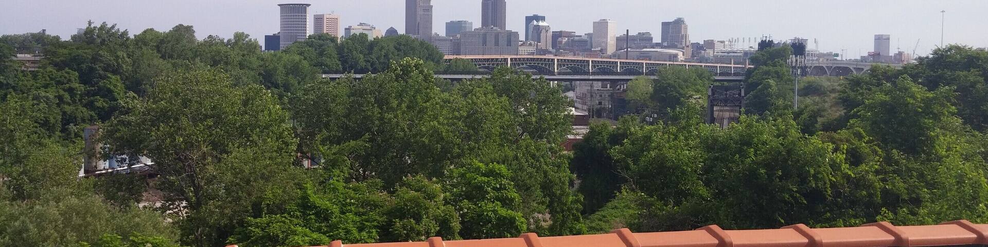 A city skyline with a prominent skyscraper, a bridge, and dense green trees in the foreground.